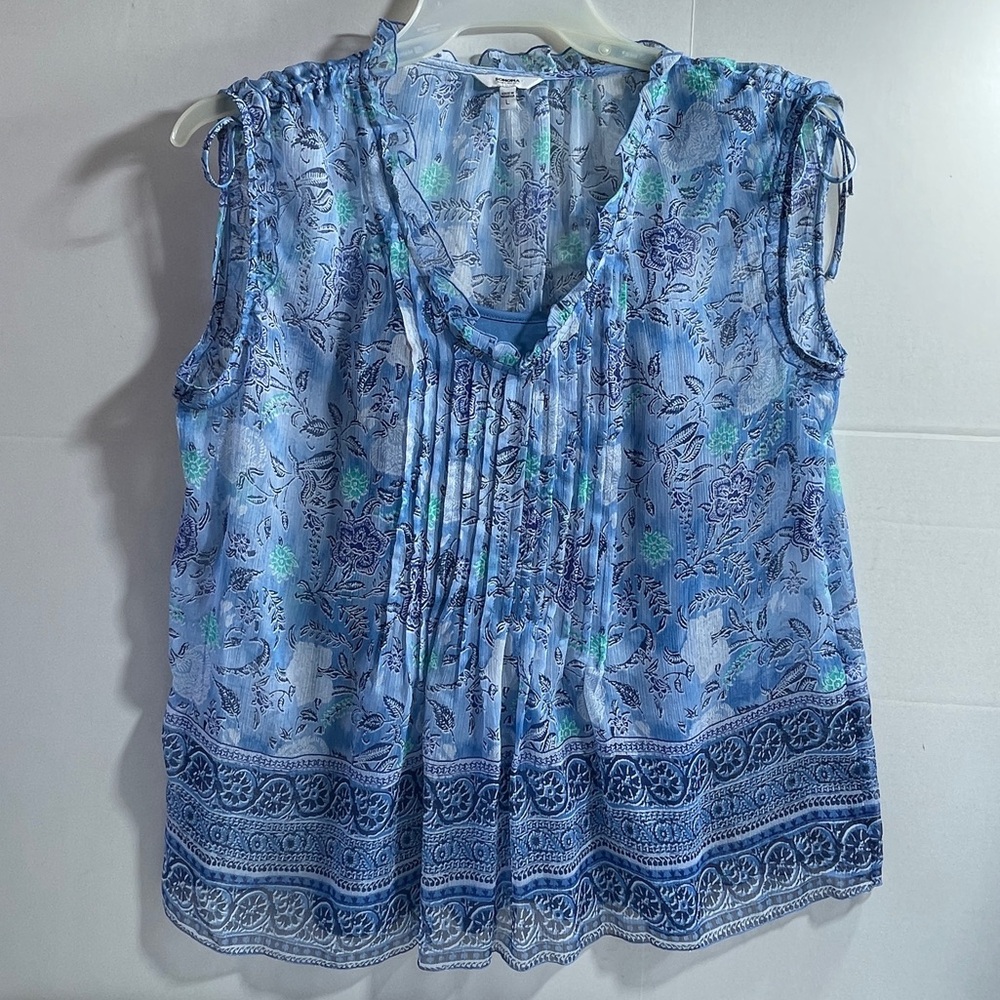 Blue Top L Sonoma Sheer Sleeveless Floral Geometric  Solid Blue Cami Ruffle